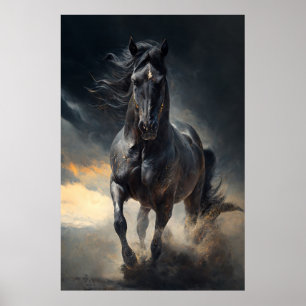 Zwarte paarden in het storm schilderen poster