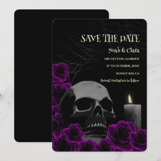Zwarte Paarse Donker Gotische Schedel en Rozen Hal Save The Date