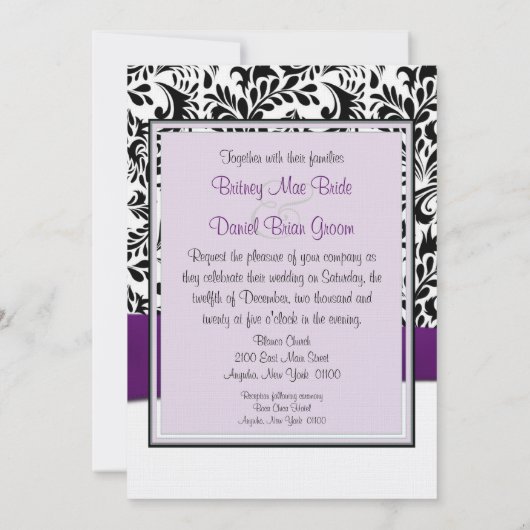 Zwarte Paarse en Witte Damask bruiloft-uitnodiging Kaart (Achterkant)