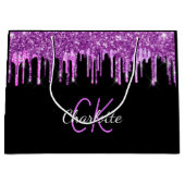 Zwarte paarse glinster druppels monogram glans groot cadeauzakje (Voorkant)