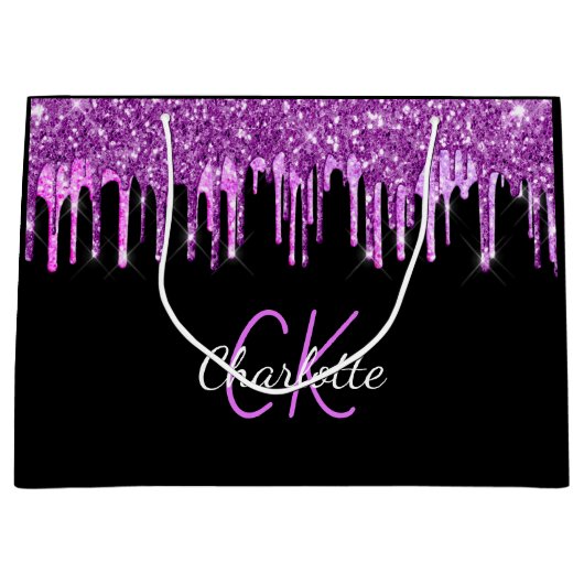 Zwarte paarse glinster druppels monogram glans groot cadeauzakje (Voorkant)