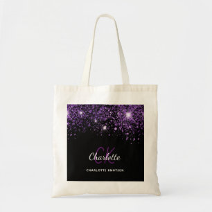 Zwarte paarse glinsterende monogram initiaal tote bag