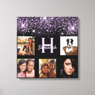 Zwarte paarse glitter foto collage, unieke naam canvas afdruk