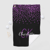 Zwarte paarse glitter monogram initiaal naam golfhanddoek (Insitu)