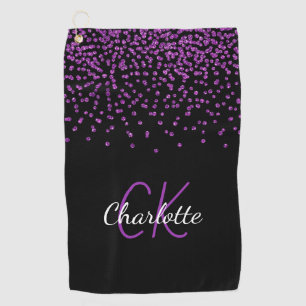 Zwarte paarse glitter monogram initiaal naam golfhanddoek