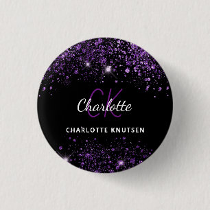 Zwarte paarse glittermonogram initialen ronde button 3,2 cm