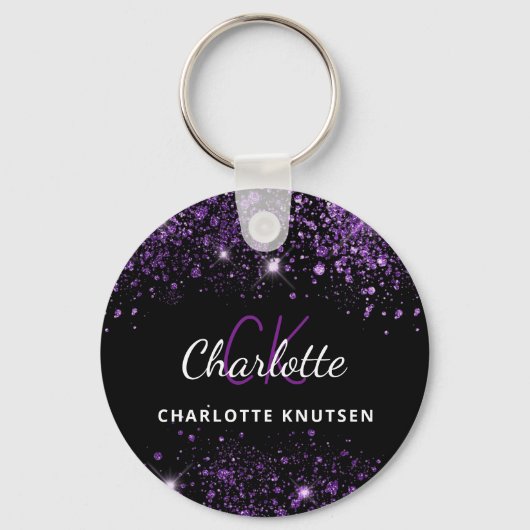 Zwarte paarse glittermonogram initialen sleutelhanger (Voorkant)
