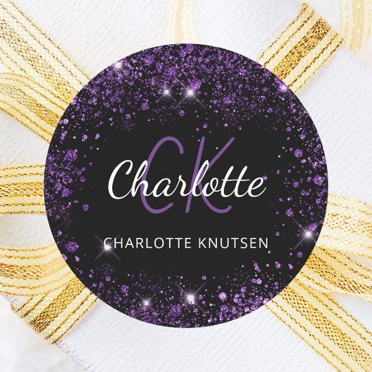 Zwarte paarse glitters glitterstof monogram initia ronde sticker