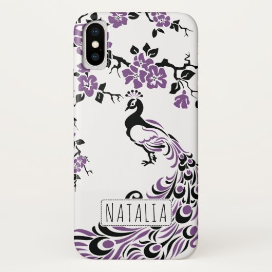 Zwarte paarse pauw & kersenbloesem art nouveau Case-Mate iPhone case (Achterkant)