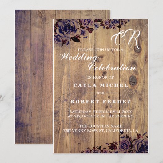 Zwarte Paarse Roos rustieke bruiloft uitnodiging (Voorkant / Achterkant)