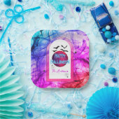 Zwarte Paarse Roze Spider Web Bats Happy Halloween Papieren Bordje (Feest)