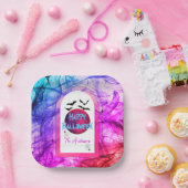 Zwarte Paarse Roze Spider Web Bats Happy Halloween Papieren Bordje (Feest)