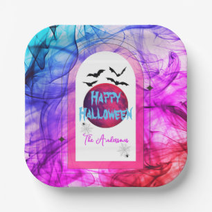 Zwarte Paarse Roze Spider Web Bats Happy Halloween Papieren Bordje
