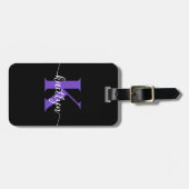 Zwarte Paarse Script Monogram Bagagelabel (Voorkant horizontaal)