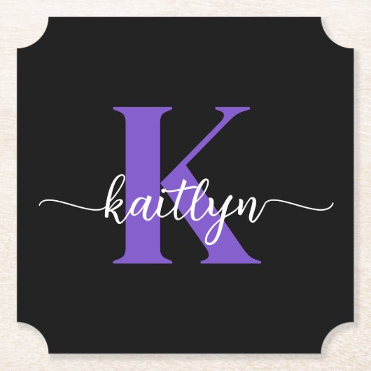 Zwarte Paarse Script Monogram Kartonnen Onderzetters (Voorkant)