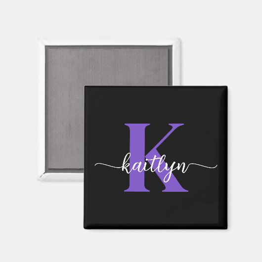 Zwarte Paarse Script Monogram Magneet (Voorkant / Achterkant)