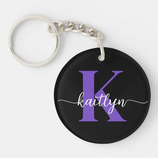 Zwarte Paarse Script Monogram Sleutelhanger (Voorkant)