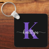 Zwarte Paarse Script Monogram Sleutelhanger (Voorkant)