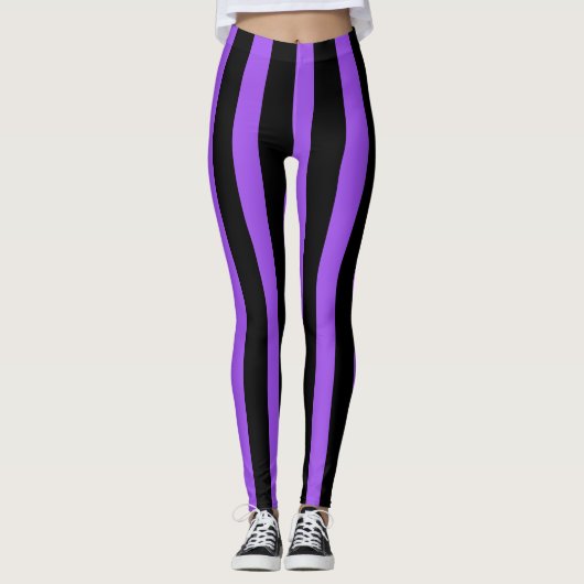 Zwarte & Paarse Verticale Strepen Halloween Kostuu Leggings (Voorkant)
