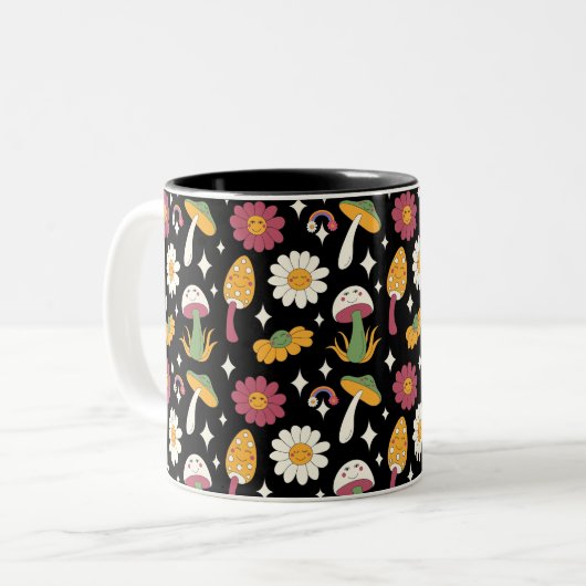 Zwarte Paddestoel, Regenboog en Daisies Patroon Tweekleurige Koffiemok (Voorkant links)