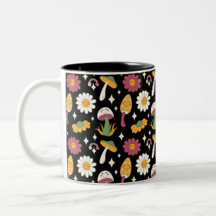 Zwarte Paddestoel, Regenboog en Daisies Patroon Tweekleurige Koffiemok
