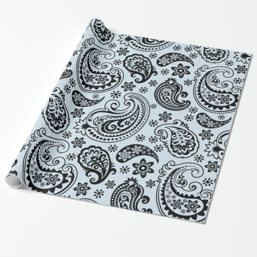 Zwarte Paisley Light Blue-achtergrond Cadeaupapier (Uitgerold)