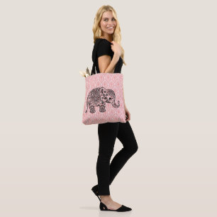 Zwarte Paisley olifant op roze damasks Draagtas