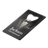 Zwarte Pak Groomsman Gift Bottle Opener Kredietkaart Flessenopener (Voorkant Gekanteld)