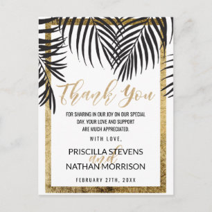 Zwarte Palm Tree Frond Gold Border Modern Dank u Briefkaart