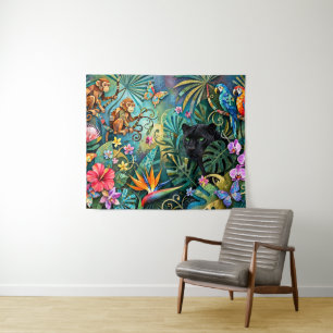Zwarte Panter Afrika Opgewekte Collage Stijl Jungl Wandkleed