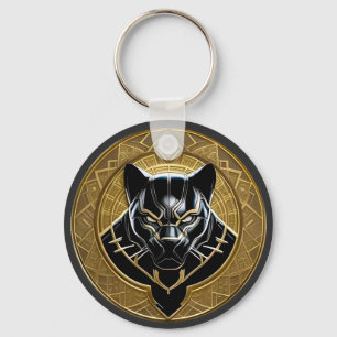Zwarte Panter Icoon Met Gouden Geometrische Achter Sleutelhanger