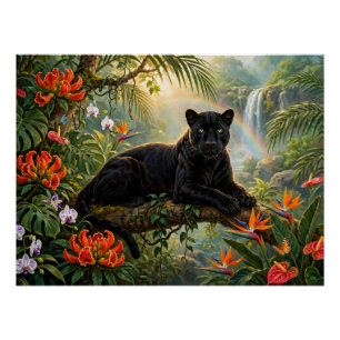Zwarte Panter Kenia Jungle Bloemen Waterval Perfect Poster