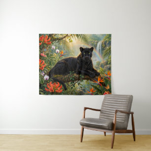 Zwarte Panter Kenia Jungle Bloemen Waterval Wandkleed