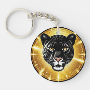 Zwarte Panter Kunst met een Stralende Gouden Halo Sleutelhanger