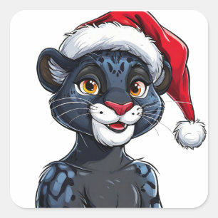 Zwarte Panter met Kerstmuts Vierkante Sticker