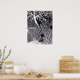 Zwarte panther in het oerwoud - potloodtekening poster