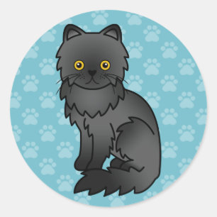 Zwarte Perzische kat cartoonillustratie op blauw Ronde Sticker
