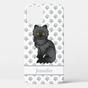 Zwarte Perzische Mopshond Cute Cartoon Kat & Naam iPhone 12 Hoesje