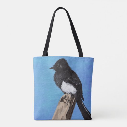 Zwarte Phoebe Bird op Blue Canvas tas (Achterkant)