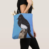 Zwarte Phoebe Bird op Blue Canvas tas (Dichtbij)