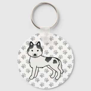 Zwarte Piebald Siberische Husky Cartoon Hond & Poo Sleutelhanger