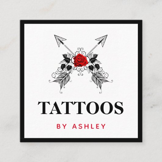 Zwarte pijlen en rode roze Tattoo artistieke femin Vierkante Visitekaartje (Voorkant)
