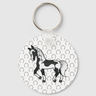 Zwarte Pinto Dravend Paard Cartoon Illustratie Sleutelhanger