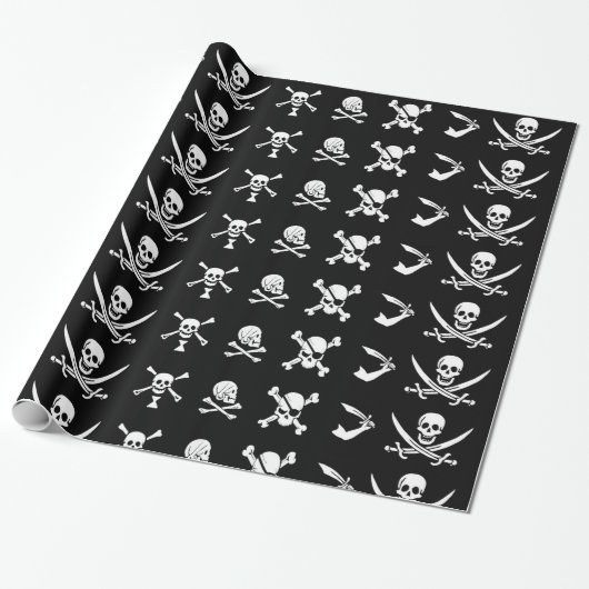 ZWARTE PIRATE BANNERS SKULL, GEKROOSTE BOTTEN, SWO CADEAUPAPIER (Uitgerold)