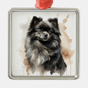 ZWARTE PLUIZIGE POMERAANSE PUPPY METALEN ORNAMENT