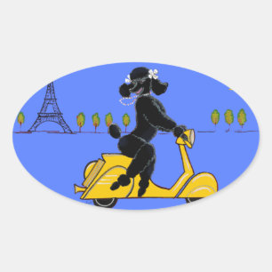 Zwarte poedel scooter retro eiffel toren ovale sticker