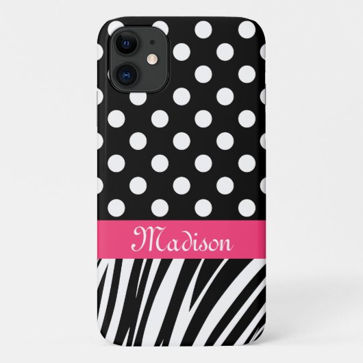 Zwarte poladots Zebra Stripes Roze naam Case-Mate iPhone Case (Achterkant)