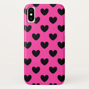 Zwarte polka harten in fuchsia roze iPhone x hoesje