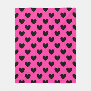 Zwarte polka harten in fuchsia roze fleece deken