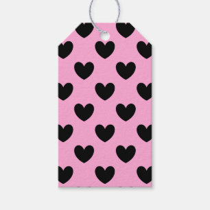 Zwarte polka harten op katoenroze snoep cadeaulabel